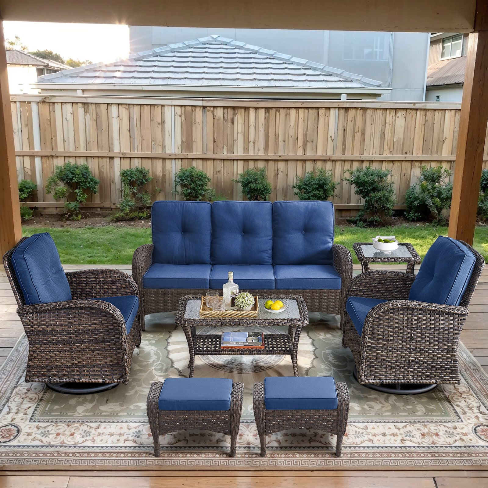 POCASSY 7 Pieces Patio Furniture Set All Weather Wicker Conversation Set with Coffee Table, Sofa, Swivel Rocking Chair, Ottoman and Side Table for Pool, Backyard, Garden