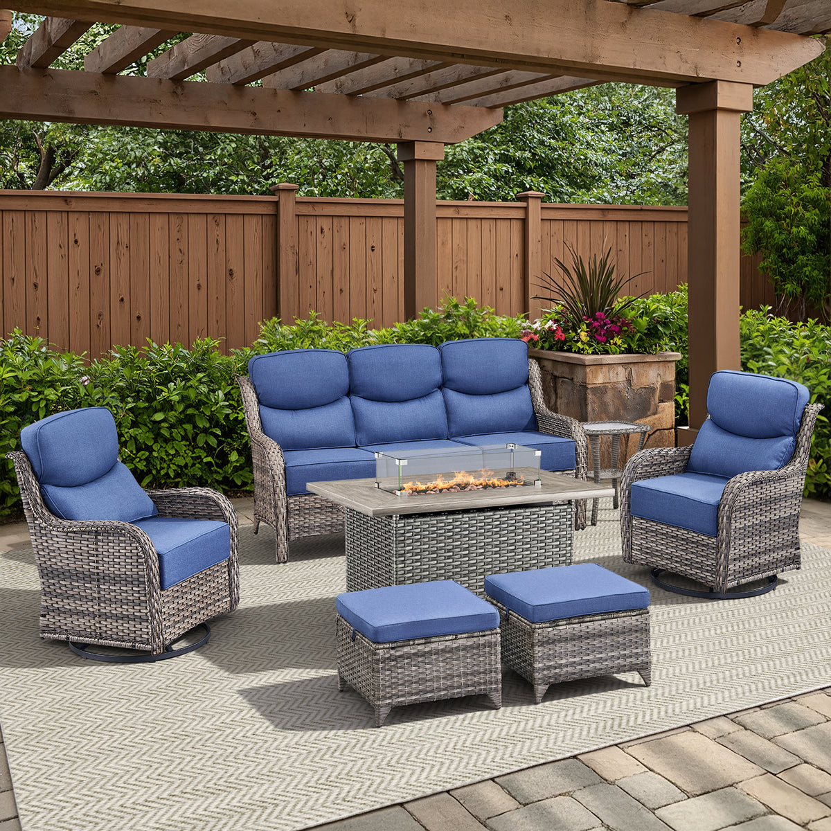 Pocassy All Weather Wicker Patio Furniture Set 7 Pieces, 6-INCH Extra Thick Cushion Outdoor Patio Firepit Set with Patio Sofa, Swivel Glider Chair, Ottoman, 41" Fire Pit Table