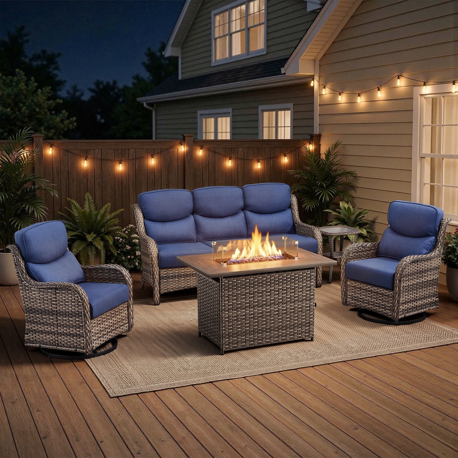 POCASSY 5-Piece Patio Furniture Set with Fire Pit Table, Luxury High Back Rattan Wicker Outdoor Conversation Set with 5-inch Thick Seat Cushion Sofa and Swivel Glider Patio Chair for Porch
