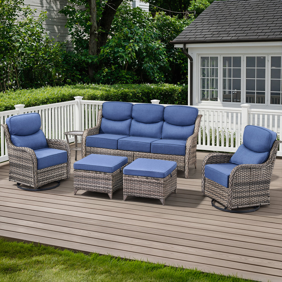 POCASSY 6-Piece Outdoor Patio Furniture Set, 6-Inch Extra Thick Cushions Brown Wicker Conversation Set with Sofa, 2 Swivel Rocking Chairs, 2 Ottomans, Side Table