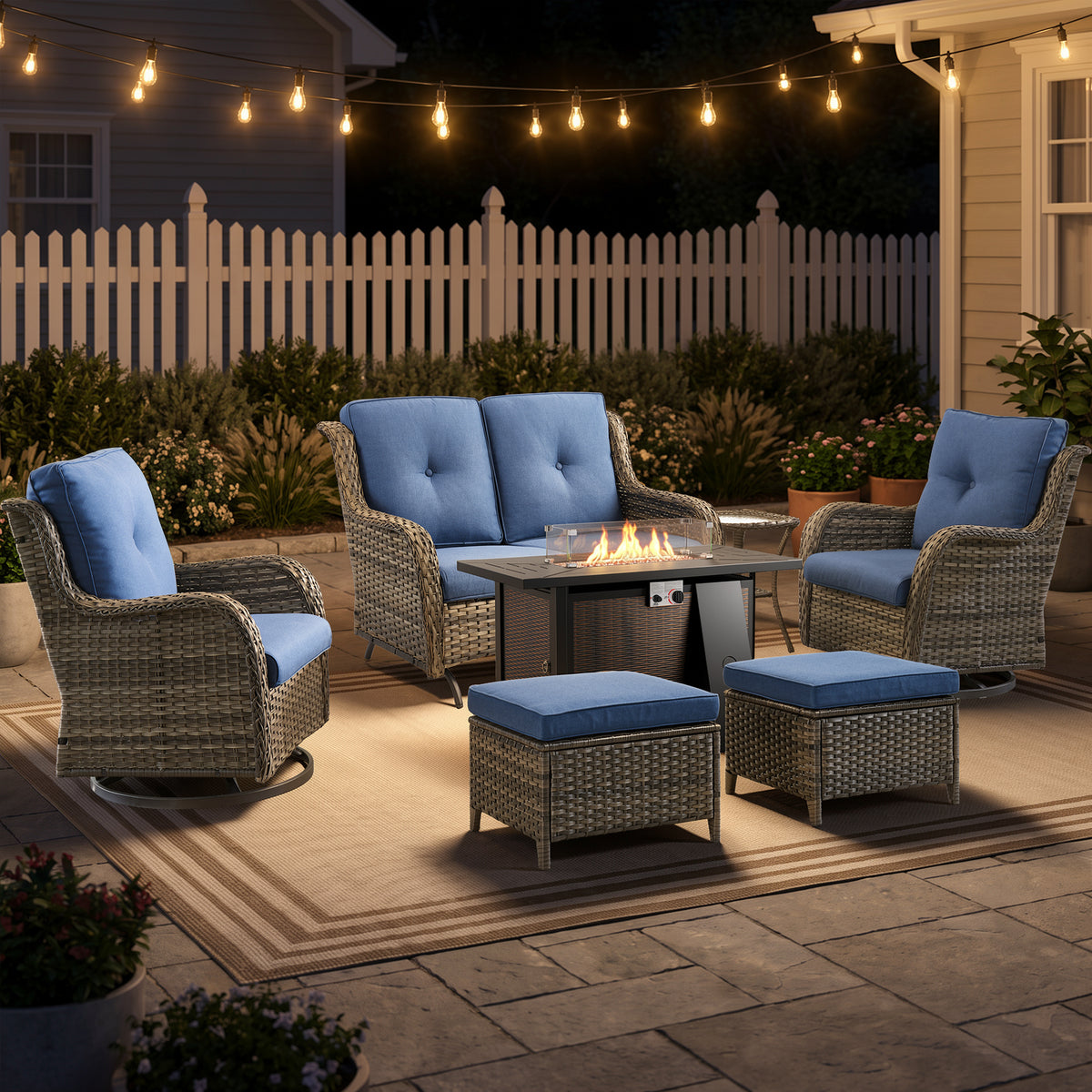 POCASSY 7PCS Patio Furniture Sets with 43" Propane Firepit Table, All-Weather Wicker Outdoor Patio Furniture Set with Glider Loveseat, Swivel Glider Patio Chairs, High Back Outdoor Conversation Set