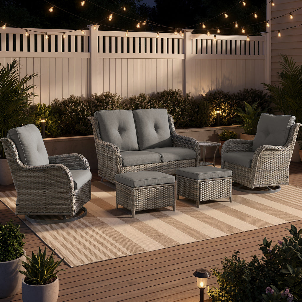 POCASSY 6PCS Patio Furniture Sets, All-Weather Wicker Outdoor Patio Furniture Set with Glider Loveseat, Swivel Glider Patio Chairs, Ottomans and Side Table