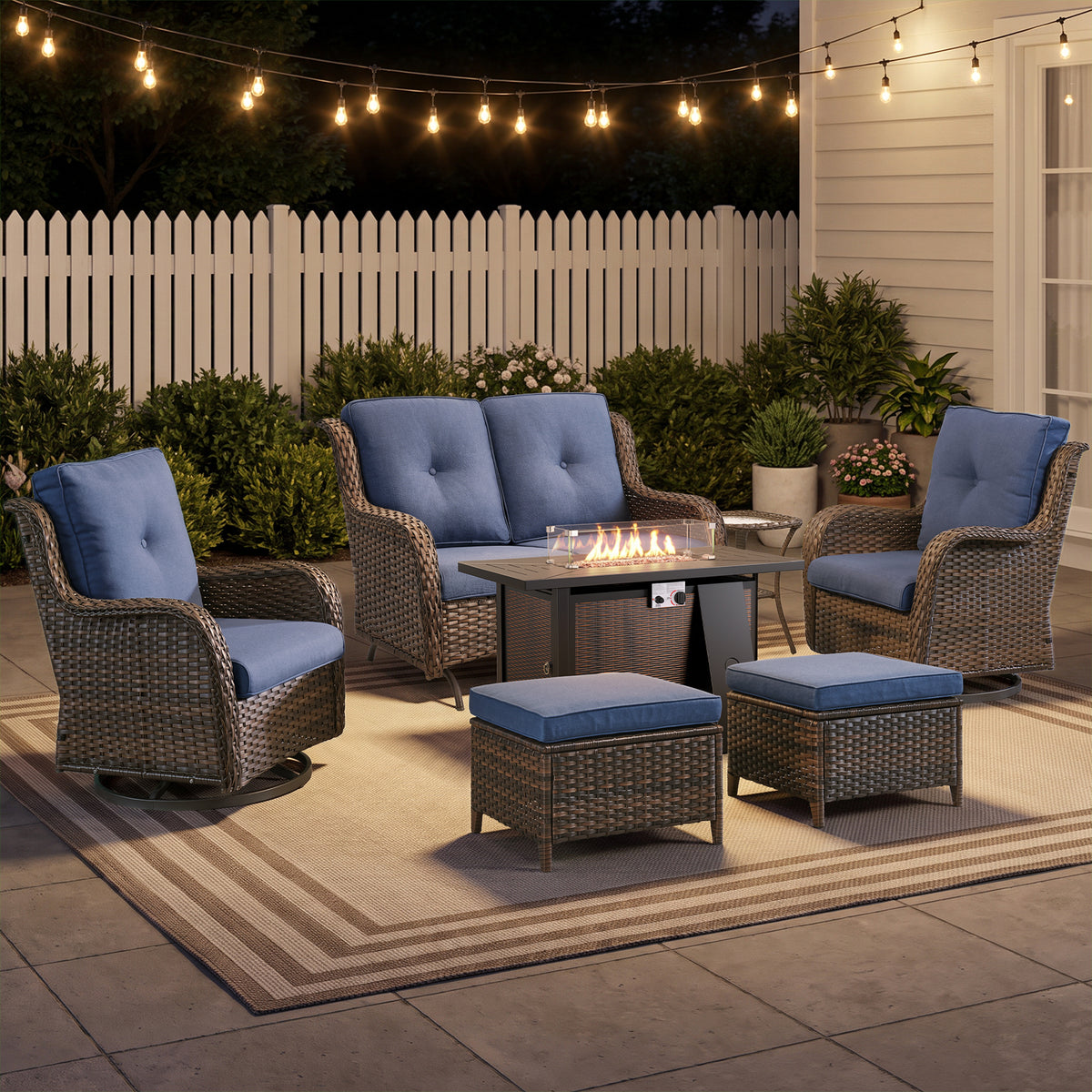 POCASSY 7PCS Patio Furniture Sets with 43" Propane Firepit Table, All-Weather Wicker Outdoor Patio Furniture Set with Glider Loveseat, Swivel Glider Patio Chairs, High Back Outdoor Conversation Set