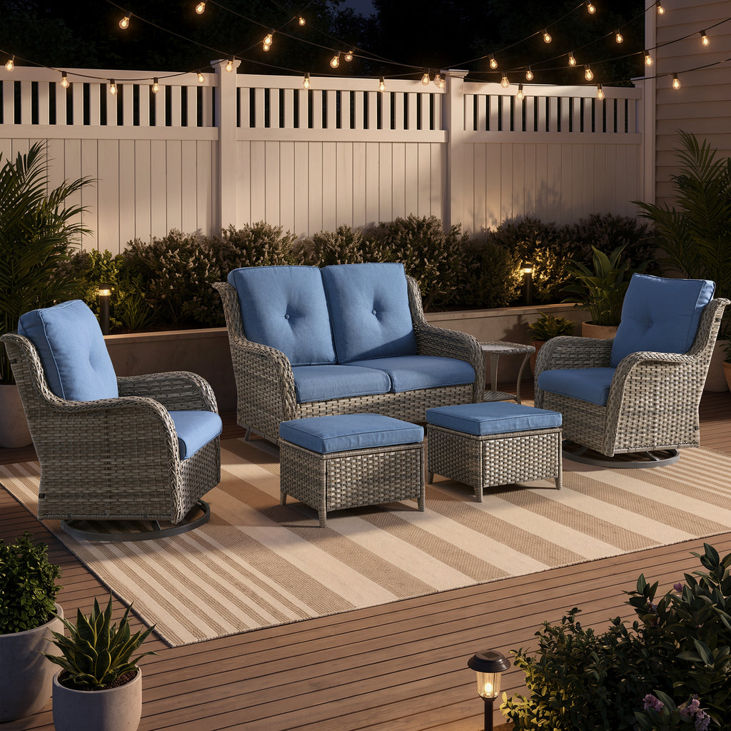 POCASSY 6PCS Patio Furniture Sets, All-Weather Wicker Outdoor Patio Furniture Set with Glider Loveseat, Swivel Glider Patio Chairs, Ottomans and Side Table