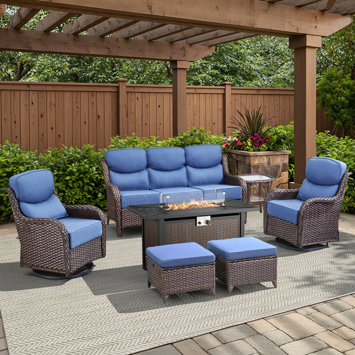 Pocassy All Weather Wicker 7 Pieces Patio Furniture Sets, 6-INCH Extra Thick Cushion Outdoor Patio Furniture Set with 43" Fire Pit Table, Patio Sofa, Swivel Glider Chair, Ottoman
