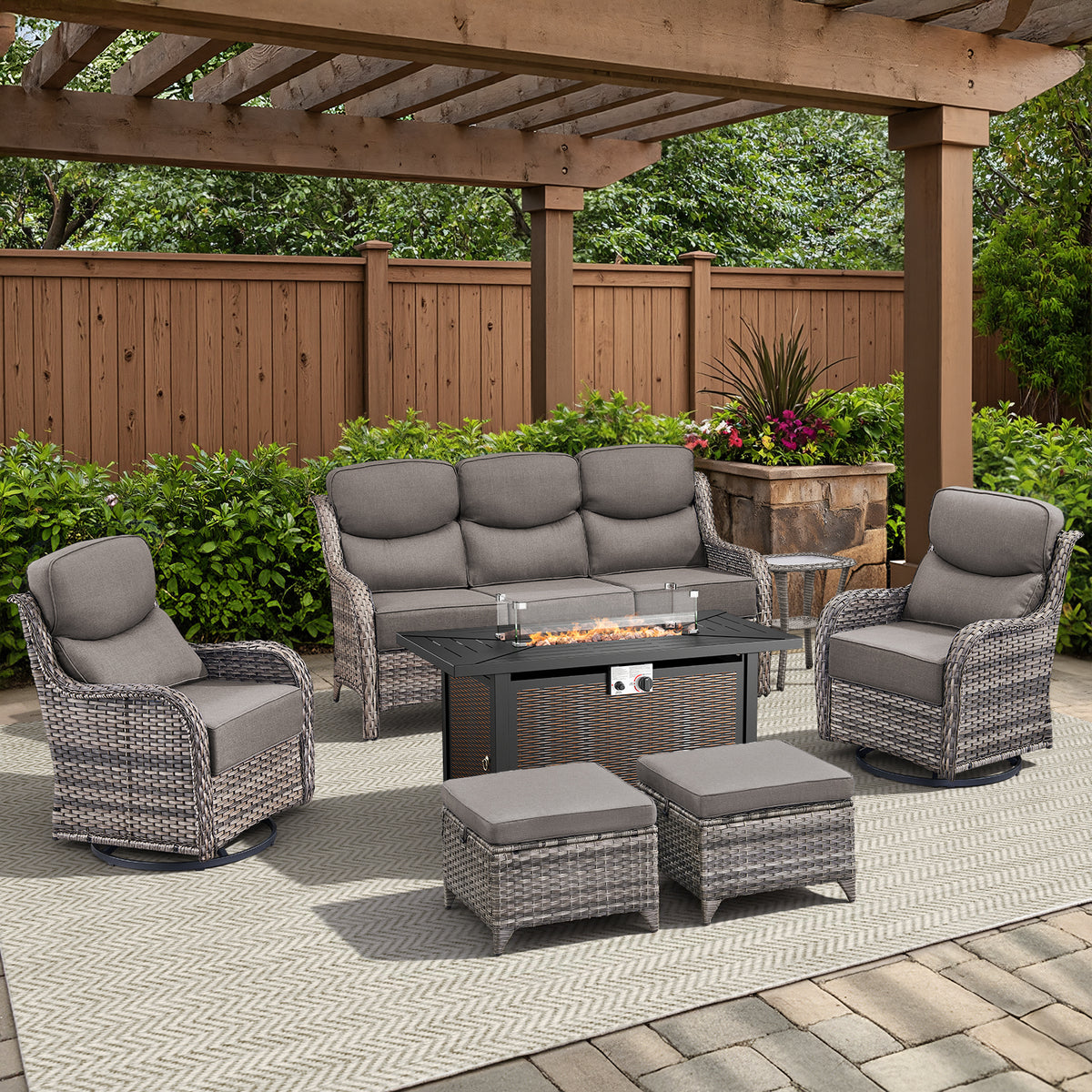 Pocassy All Weather Wicker 7 Pieces Patio Furniture Sets, 6-INCH Extra Thick Cushion Outdoor Patio Furniture Set with 43" Fire Pit Table, Patio Sofa, Swivel Glider Chair, Ottoman