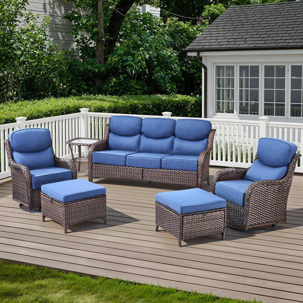 POCASSY 6-Piece Outdoor Patio Furniture Set, Brown Wicker Conversation Set with Sofa, 2 Swivel Rocking Chairs, 2 Ottomans and 6-Inch Extra Thick Blue Cushions