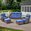 POCASSY 6-Piece Outdoor Patio Furniture Set, Brown Wicker Conversation Set with Sofa, 2 Swivel Rocking Chairs, 2 Ottomans and 6-Inch Extra Thick Blue Cushions