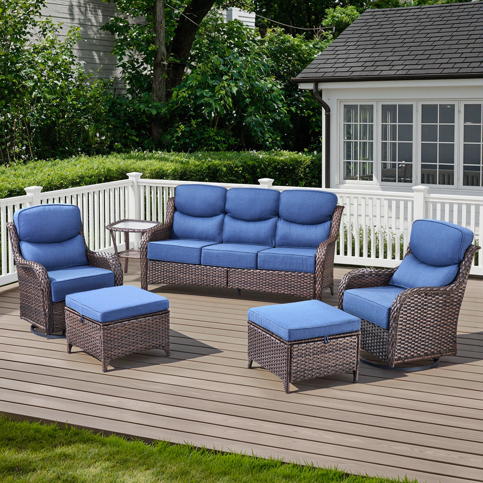 POCASSY 6-Piece Outdoor Patio Furniture Set, Brown Wicker Conversation Set with Sofa, 2 Swivel Rocking Chairs, 2 Ottomans and 6-Inch Extra Thick Blue Cushions