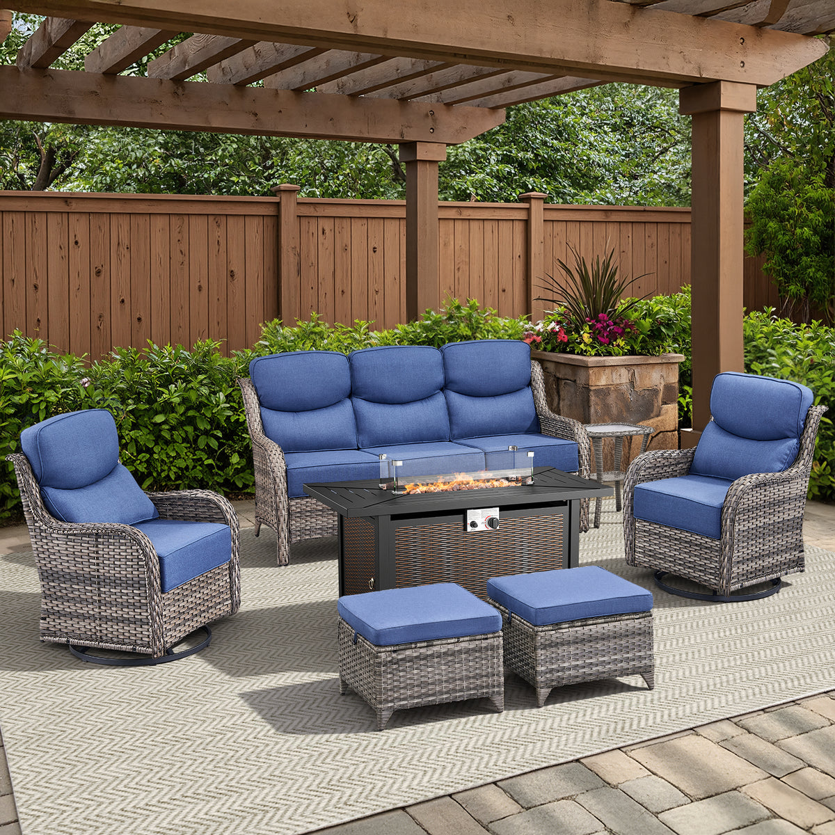 Pocassy All Weather Wicker 7 Pieces Patio Furniture Sets, 6-INCH Extra Thick Cushion Outdoor Patio Furniture Set with 43" Fire Pit Table, Patio Sofa, Swivel Glider Chair, Ottoman