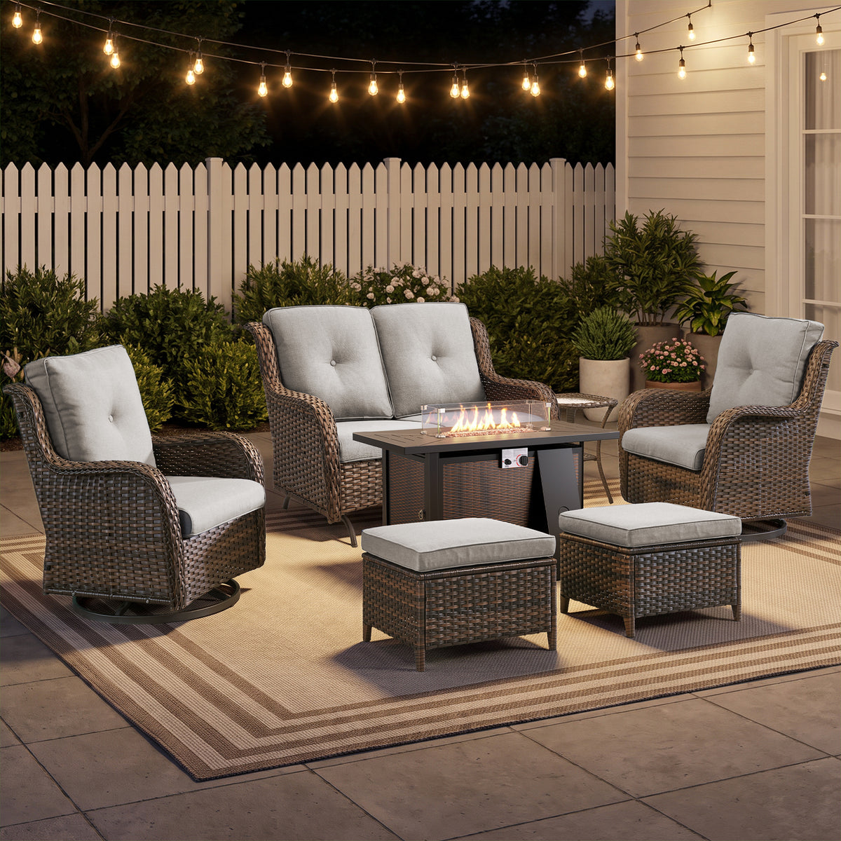 POCASSY 7PCS Patio Furniture Sets with 43" Propane Firepit Table, All-Weather Wicker Outdoor Patio Furniture Set with Glider Loveseat, Swivel Glider Patio Chairs, High Back Outdoor Conversation Set