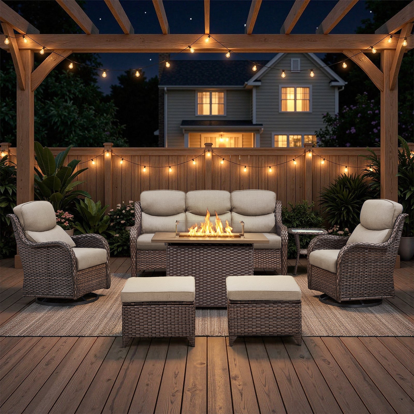 POCASSY 7-Piece Patio Furniture Set with Fire Pit Table, Luxury High Back Rattan Wicker Outdoor Conversation Set with 5-inch Thick Seat Cushion Sofa and Swivel Glider Patio Chair for Porch