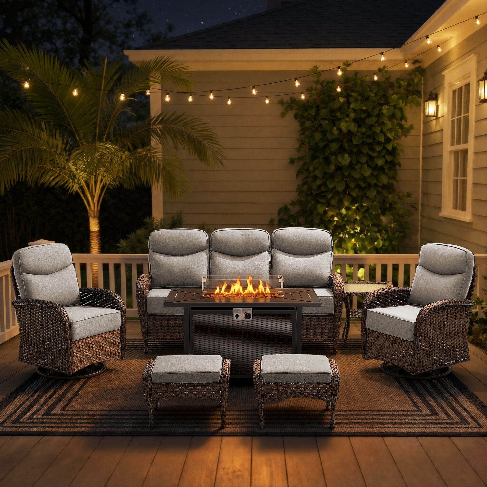POCASSY All Weather Brown Wicker Patio Furniture Set, 7-Piece Outdoor Conversation Set with Firepit, Sofa, Swivel Glider Chairs, Side Table, and Ottomans for Porch Backyard