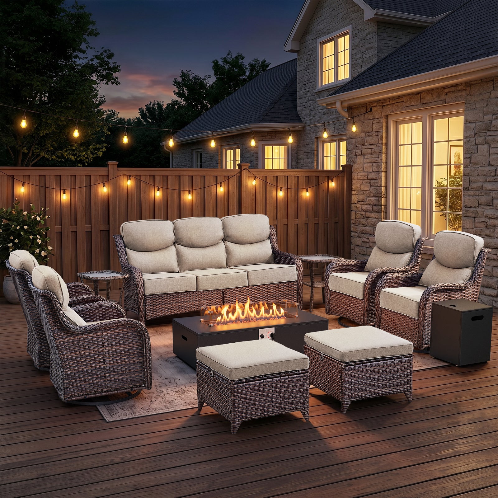 POCASSY Patio Furniture Set, 6" Thick Cushion 10-Piece High Back Outdoor Patio Furniture Set with Fire Pit, Brown Wicker Patio Sofa and Swivel Patio Chair, Rattan Wicker Sectional Conversation Set