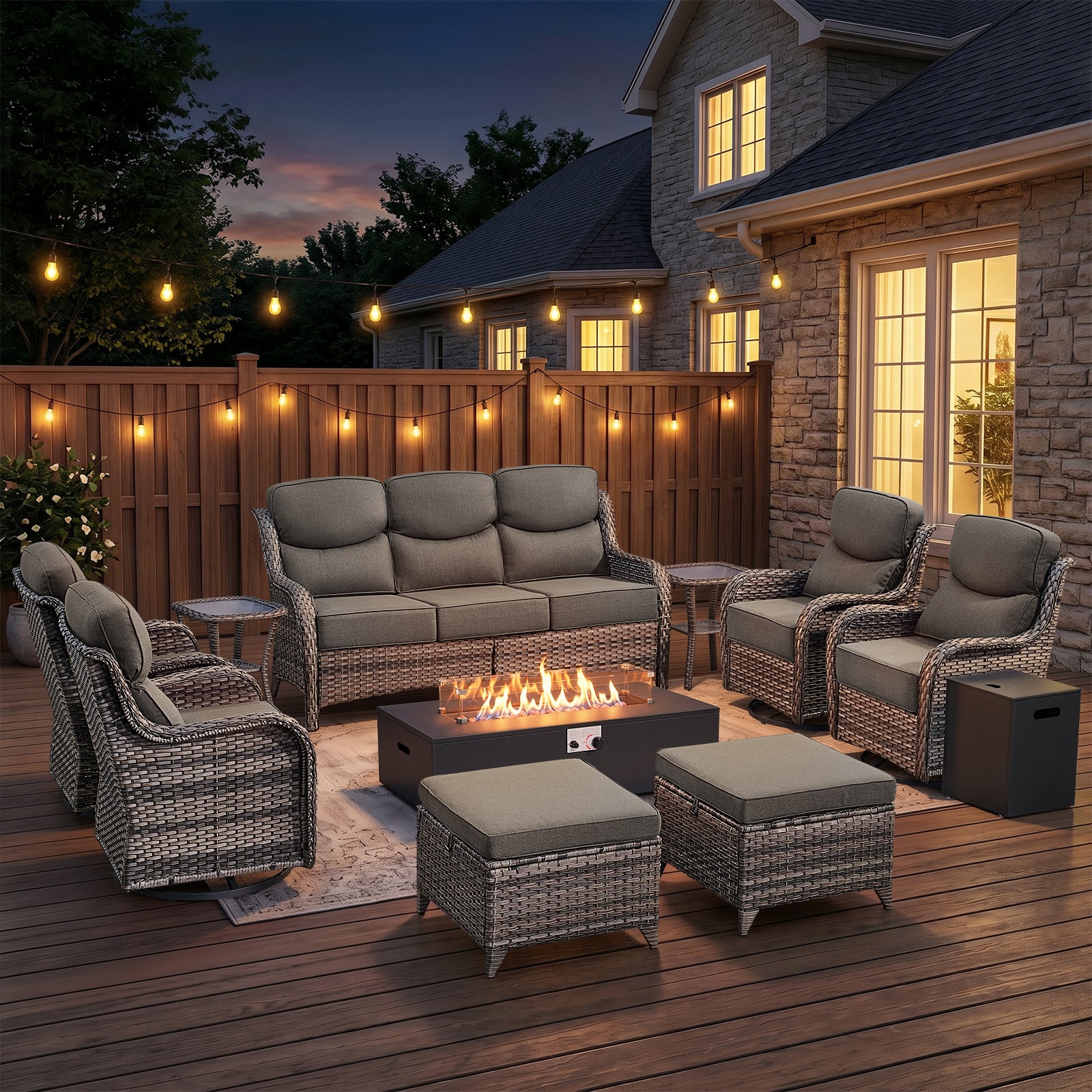POCASSY Patio Furniture Set, 6" Thick Cushion 10-Piece High Back Outdoor Patio Furniture Set with Fire Pit, Brown Wicker Patio Sofa and Swivel Patio Chair, Rattan Wicker Sectional Conversation Set