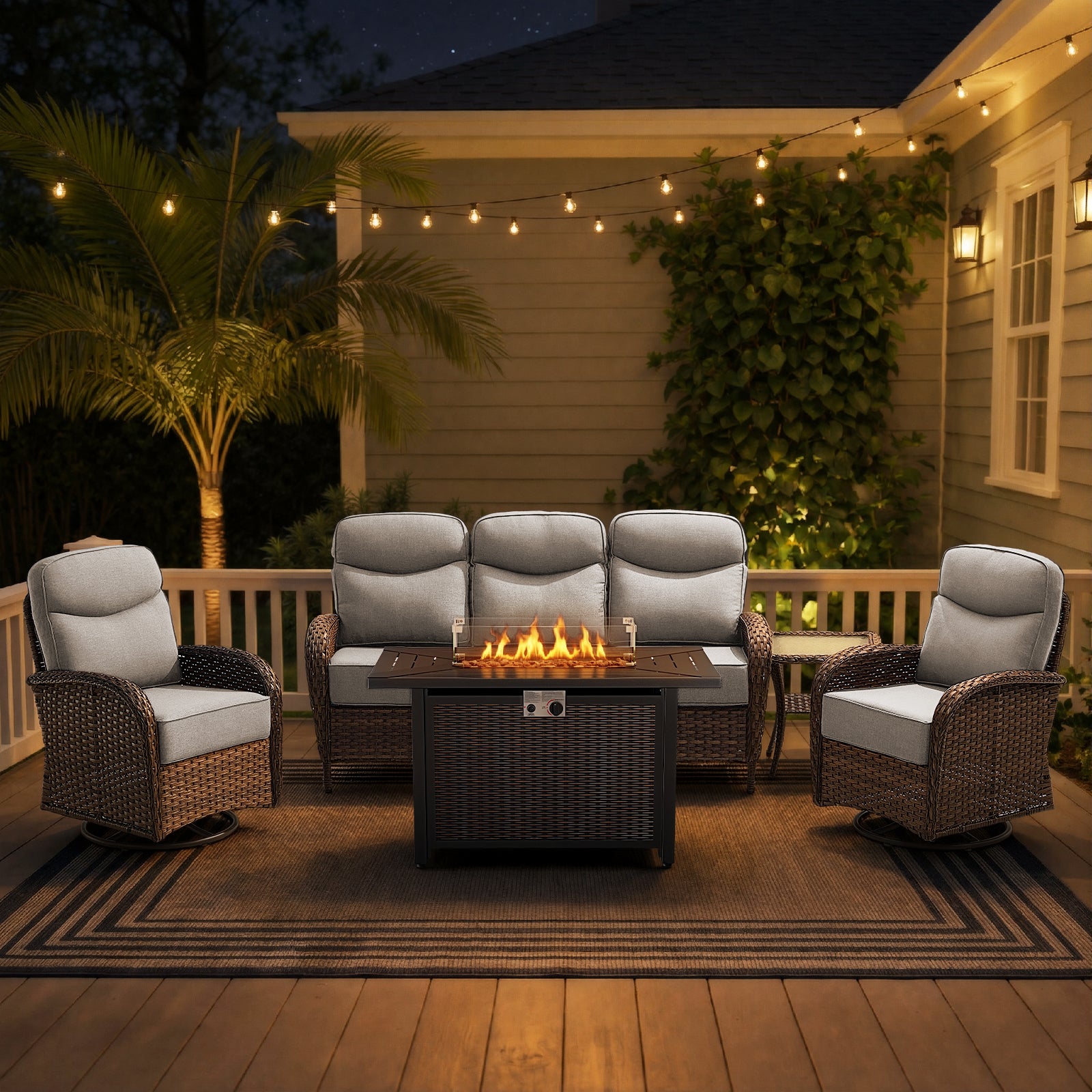 POCASSY All Weather Brown Wicker Outdoor Furniture Set with Firepit, 5-Piece Patio Sofa Set with 6-inch Thick Cushion and 2PCS Swivel Patio Glider Chairs Ideal for Porch Balcony