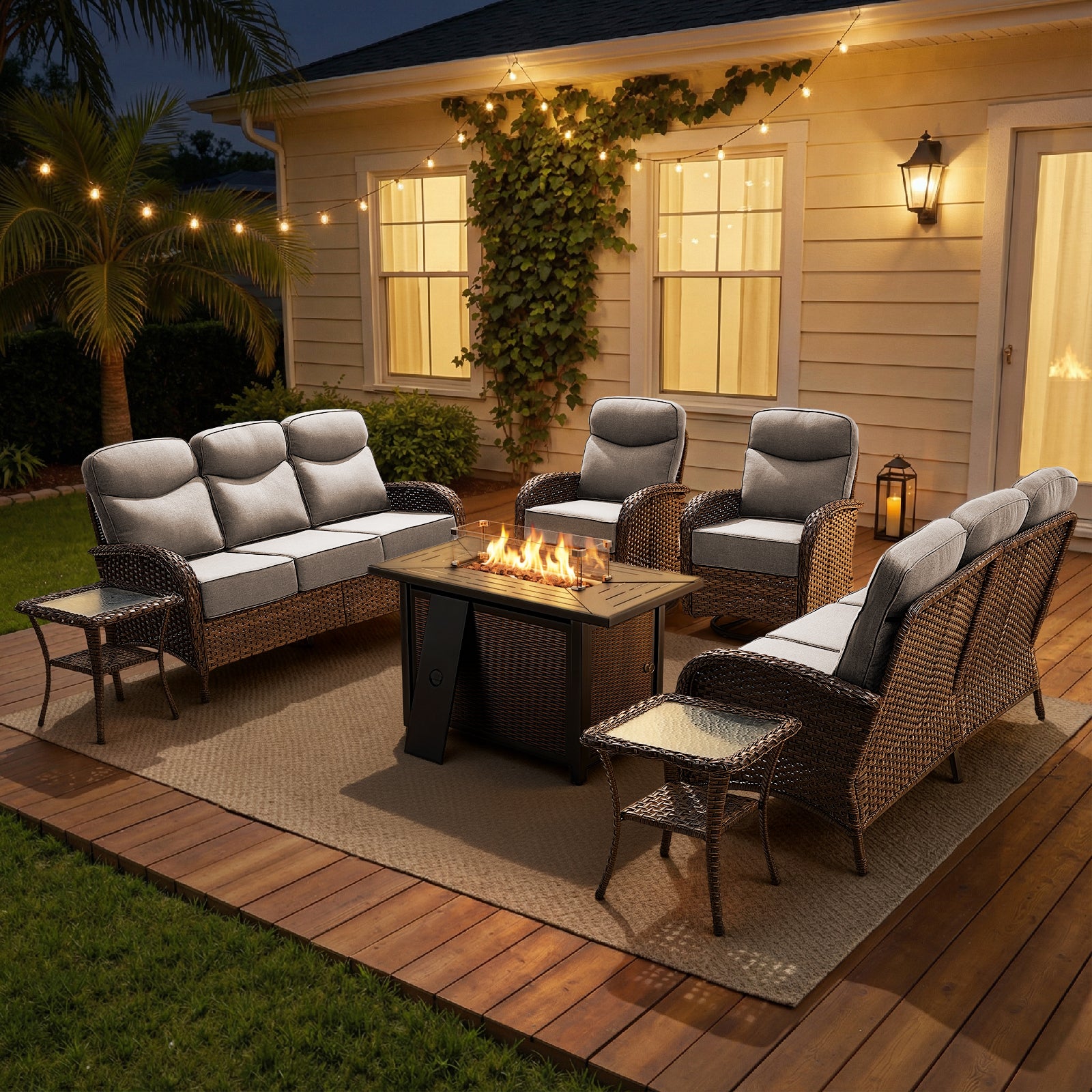 POCASSY 6 Pieces Outdoor Patio Furniture Set with Firepit - 6 Inch Thick Cushion Outdoor Conversation Set with 2 Sofas and 2 Swivel Glider Chairs for Balcony, Deck