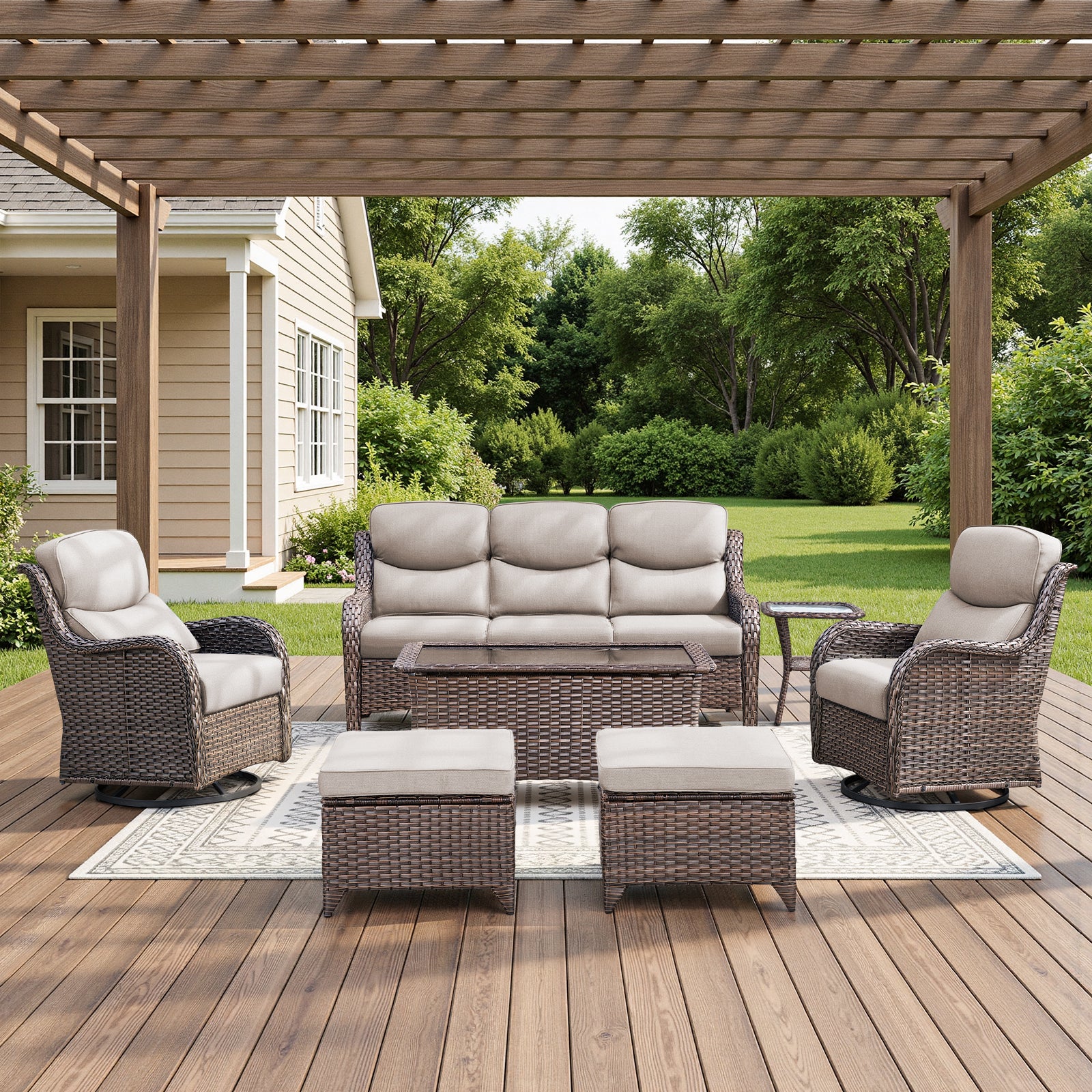 POCASSY 7-Piece Outdoor Patio Furniture Set with Swivel Chairs, Luxury High Back Rattan Wicker Outdoor Conversation Set with 5-inch Thick Seat Cushion Sofa and Swivel Glider Patio Chair for Porch