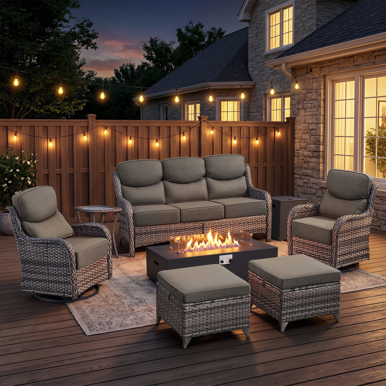POCASSY Patio Furniture Set, 6" Thick Cushion 8-Piece High Back Outdoor Patio Furniture Set with Fire Pit, Brown Wicker Patio Sofa and Swivel Patio Chair, Rattan Wicker Sectional Conversation Set
