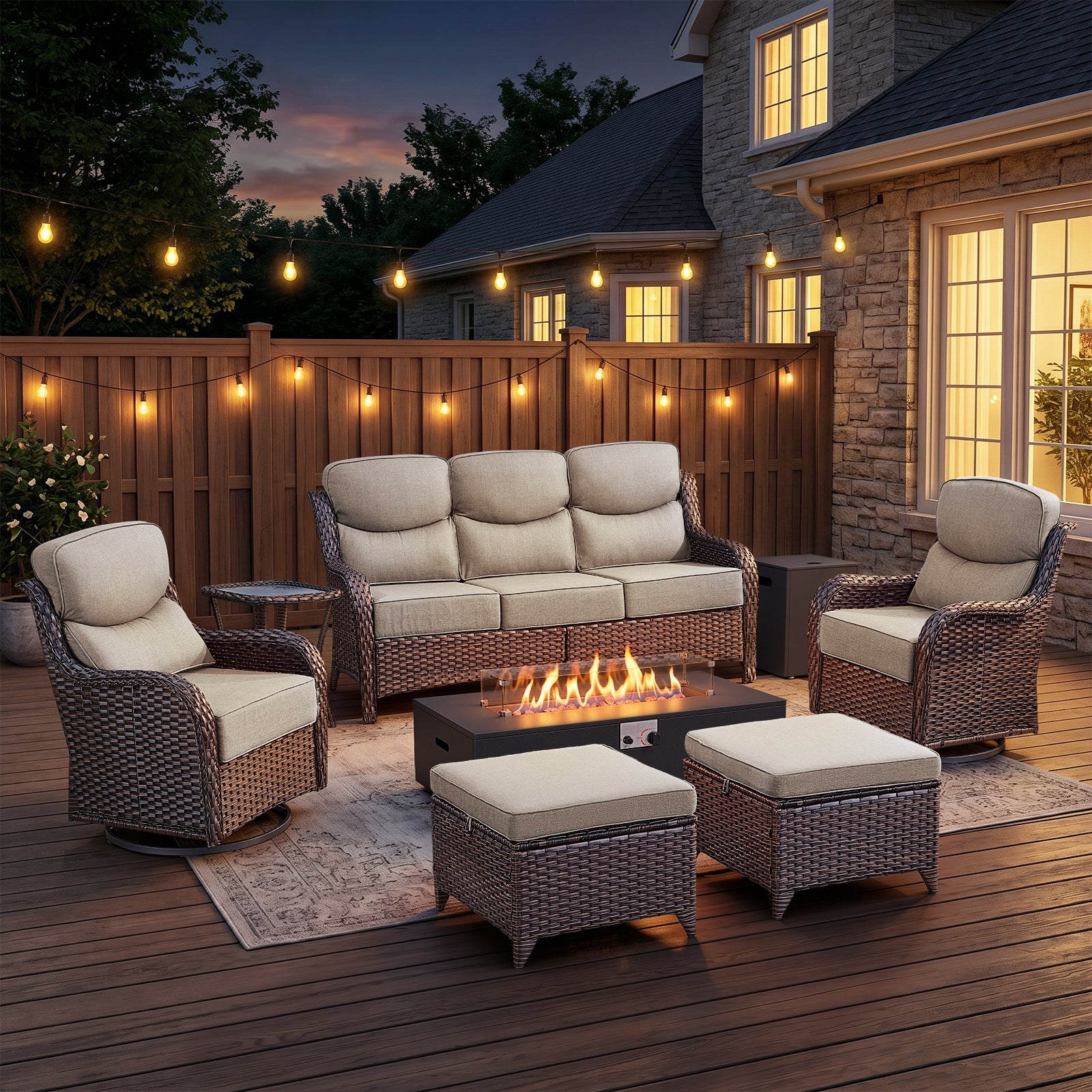 POCASSY Patio Furniture Set, 6" Thick Cushion 8-Piece High Back Outdoor Patio Furniture Set with Fire Pit, Brown Wicker Patio Sofa and Swivel Patio Chair, Rattan Wicker Sectional Conversation Set