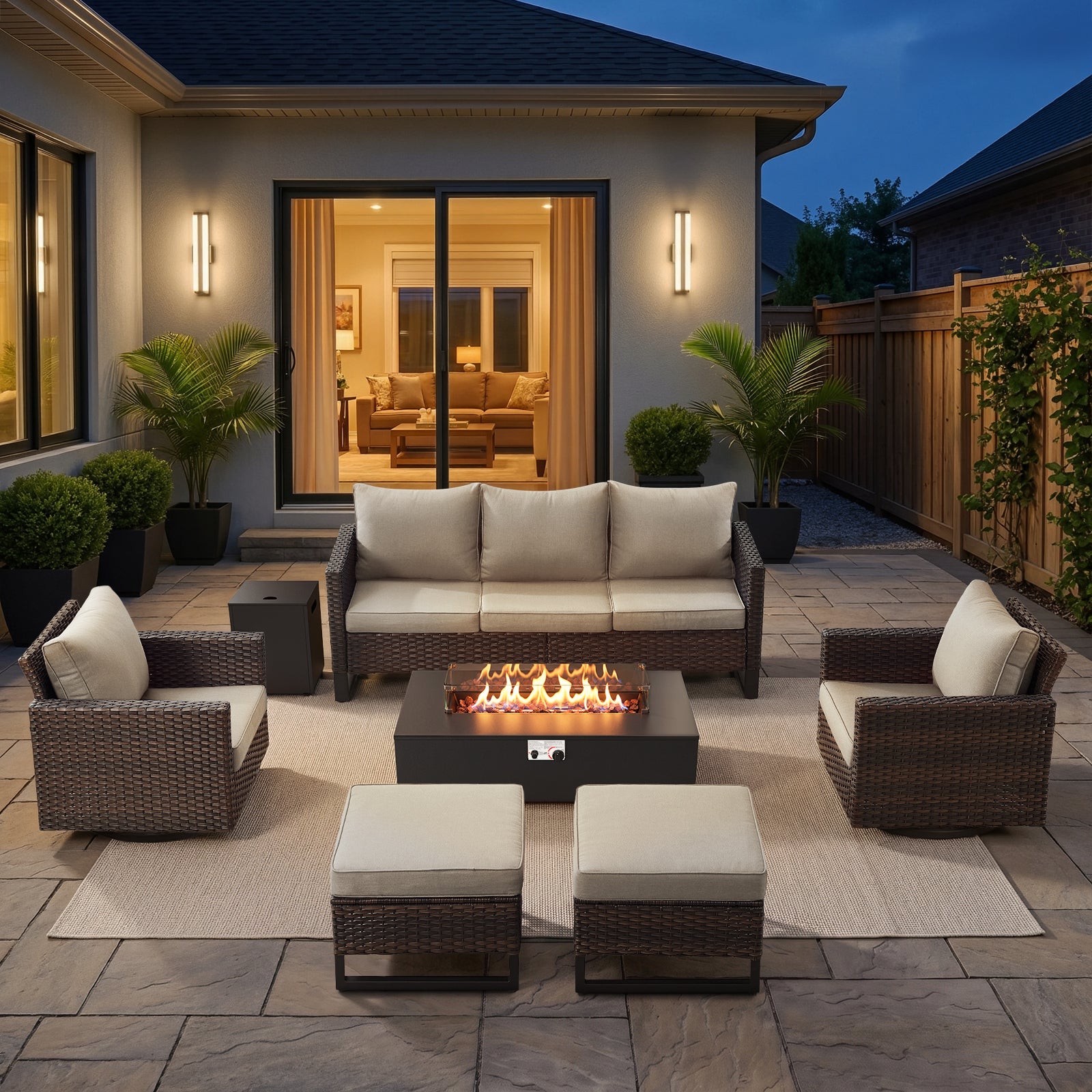 POCASSY 7 Pieces Patio Furniture Sets with Firepit Table, All Weather Brown Wicker Outdoor Conversation Set with Swivel Patio Chairs, High Back Sofa and Fire Pit Table with Propane Tank Side Table