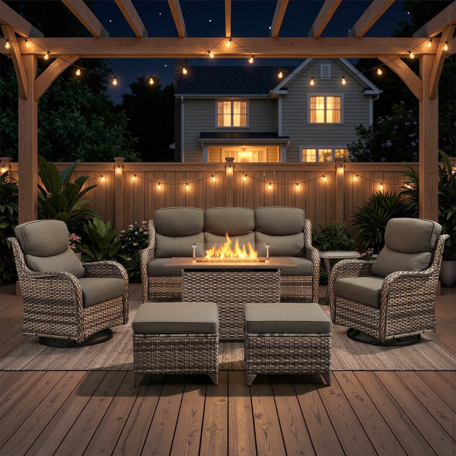 POCASSY 7-Piece Patio Furniture Set with Fire Pit Table, Luxury High Back Rattan Wicker Outdoor Conversation Set with 5-inch Thick Seat Cushion Sofa and Swivel Glider Patio Chair for Porch