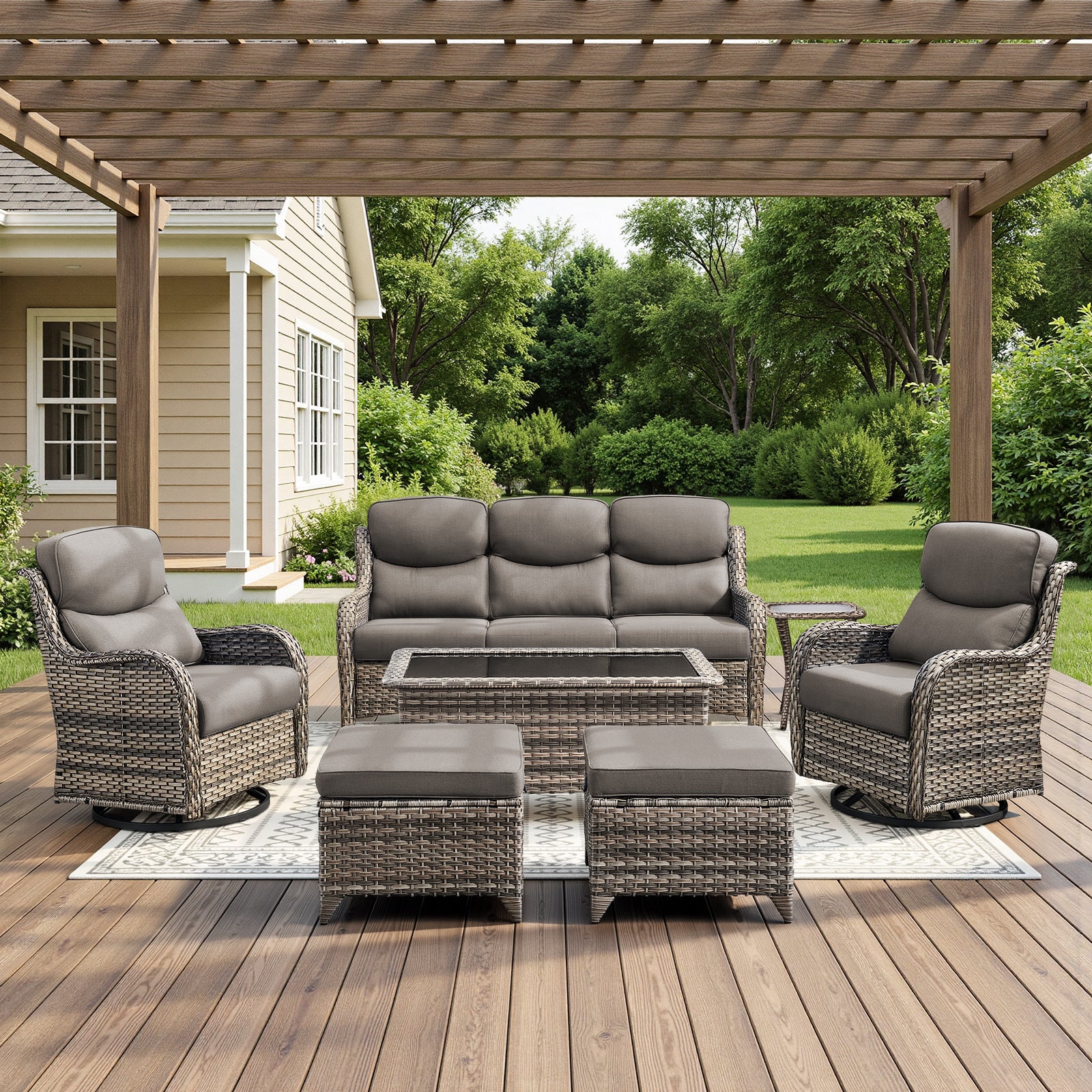 POCASSY 7-Piece Outdoor Patio Furniture Set with Swivel Chairs, Luxury High Back Rattan Wicker Outdoor Conversation Set with 5-inch Thick Seat Cushion Sofa and Swivel Glider Patio Chair for Porch