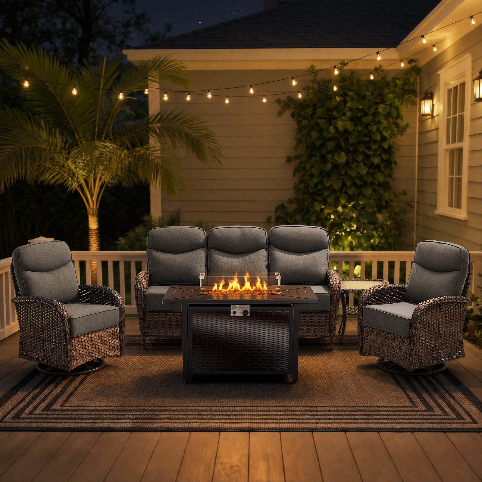 POCASSY All Weather Brown Wicker Outdoor Furniture Set with Firepit, 5-Piece Patio Sofa Set with 6-inch Thick Cushion and 2PCS Swivel Patio Glider Chairs Ideal for Porch Balcony