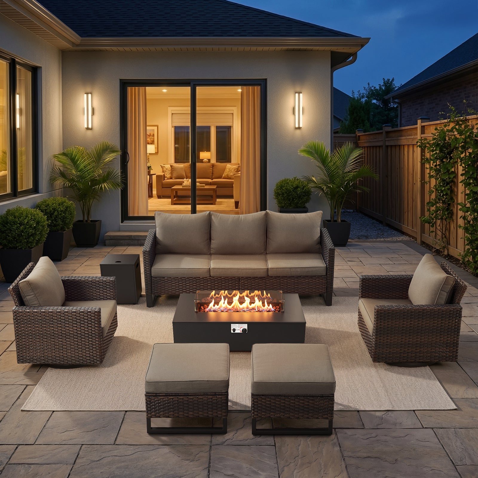 POCASSY 7 Pieces Patio Furniture Sets with Firepit Table, All Weather Brown Wicker Outdoor Conversation Set with Swivel Patio Chairs, High Back Sofa and Fire Pit Table with Propane Tank Side Table