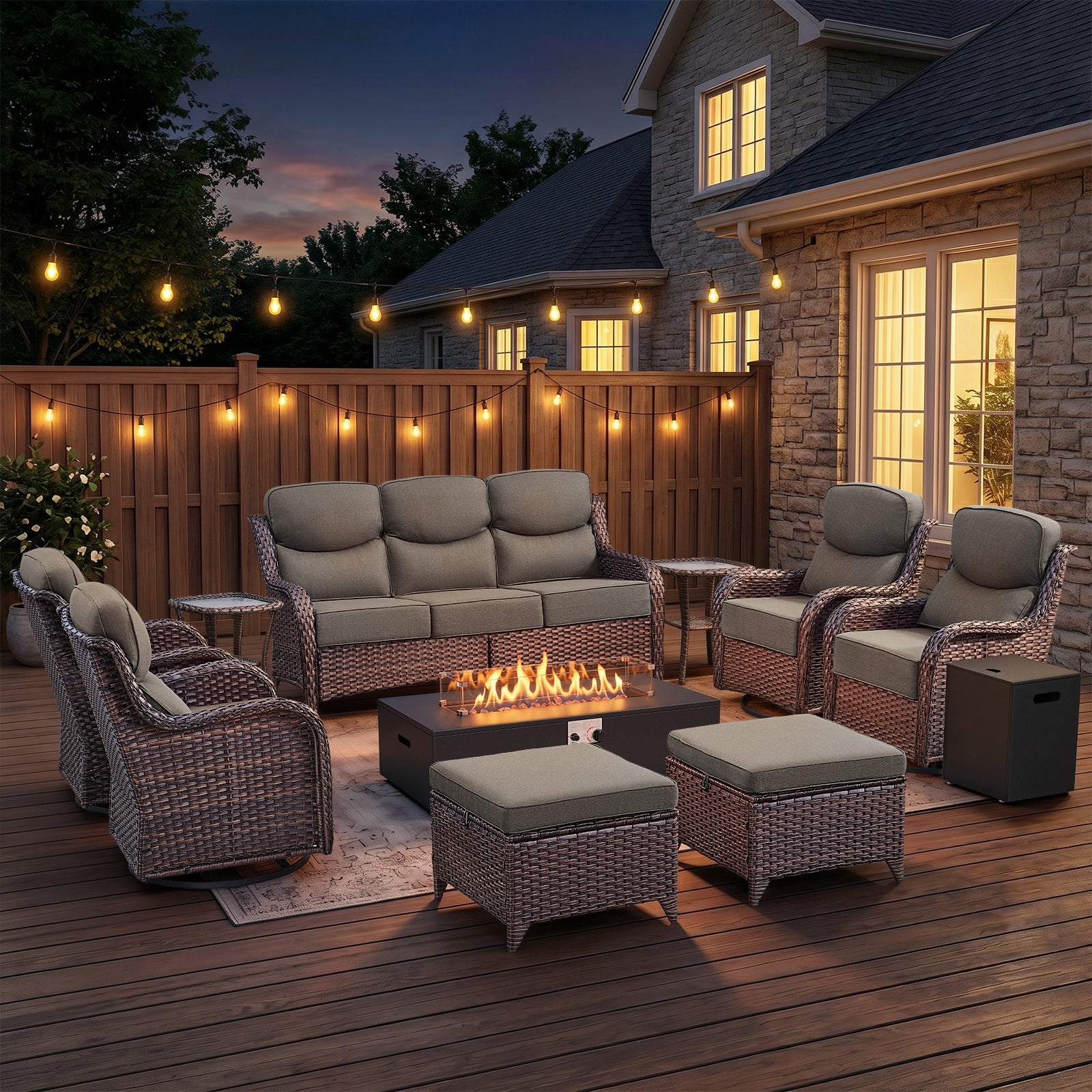 POCASSY Patio Furniture Set, 6" Thick Cushion 10-Piece High Back Outdoor Patio Furniture Set with Fire Pit, Brown Wicker Patio Sofa and Swivel Patio Chair, Rattan Wicker Sectional Conversation Set