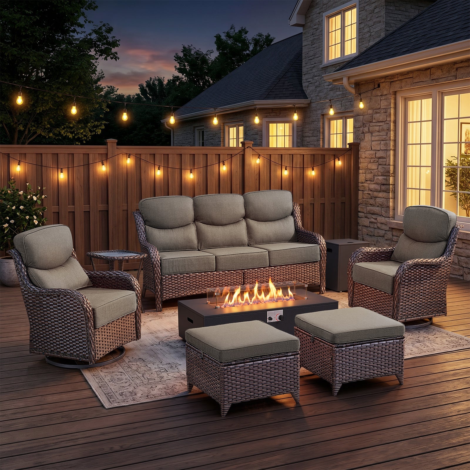 POCASSY Patio Furniture Set, 6" Thick Cushion 8-Piece High Back Outdoor Patio Furniture Set with Fire Pit, Brown Wicker Patio Sofa and Swivel Patio Chair, Rattan Wicker Sectional Conversation Set