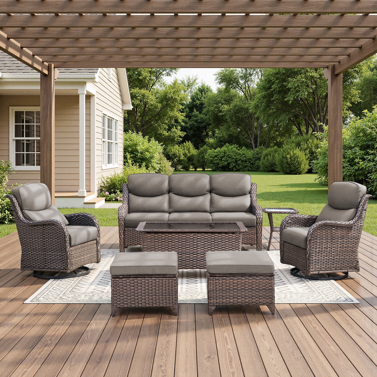 POCASSY 7-Piece Outdoor Patio Furniture Set with Swivel Chairs, Luxury High Back Rattan Wicker Outdoor Conversation Set with 5-inch Thick Seat Cushion Sofa and Swivel Glider Patio Chair for Porch