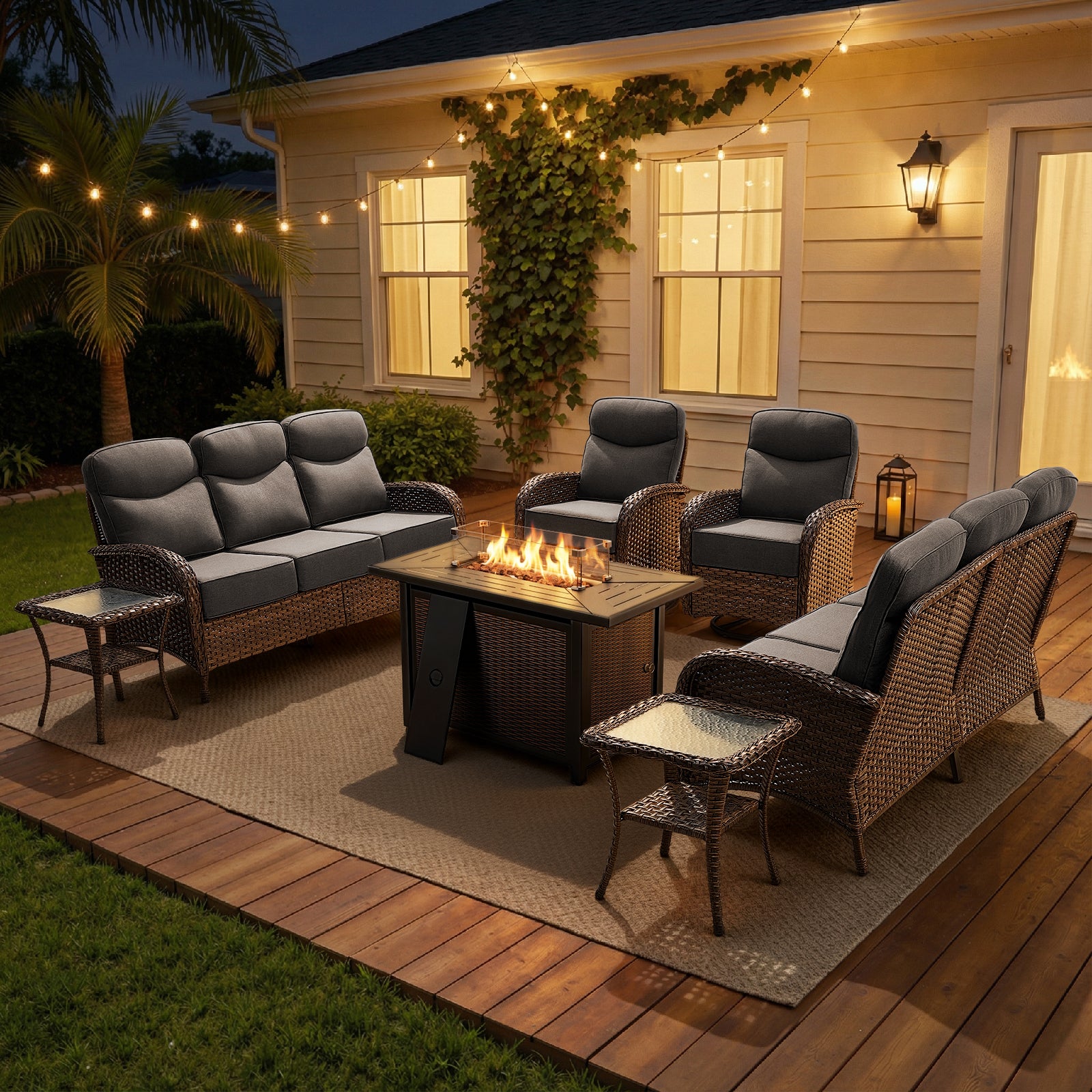 POCASSY 6 Pieces Outdoor Patio Furniture Set with Firepit - 6 Inch Thick Cushion Outdoor Conversation Set with 2 Sofas and 2 Swivel Glider Chairs for Balcony, Deck