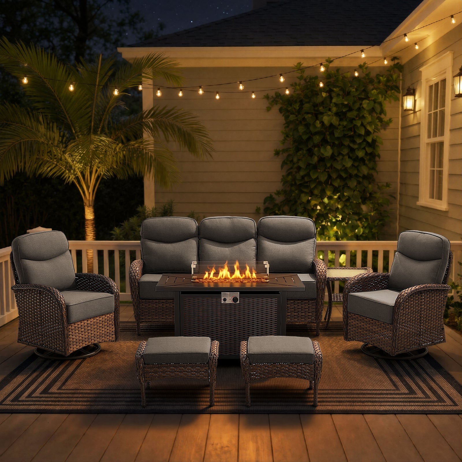 POCASSY All Weather Brown Wicker Patio Furniture Set, 7-Piece Outdoor Conversation Set with Firepit, Sofa, Swivel Glider Chairs, Side Table, and Ottomans for Porch Backyard
