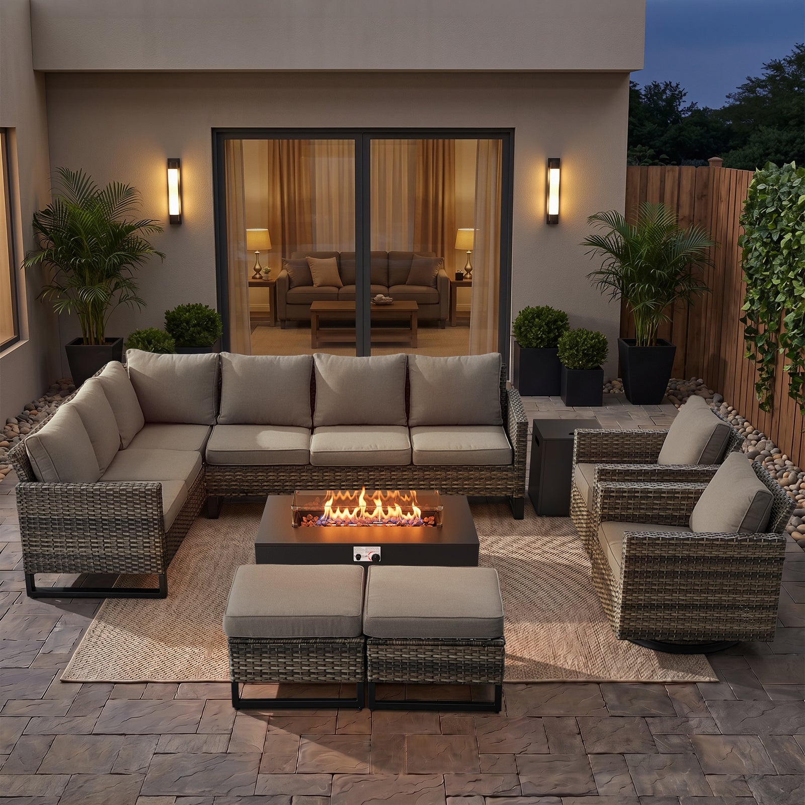 POCASSY Outdoor Patio Furniture Set with Fire Pit Table, All-Weather Wicker Sectional Sofa Set with Swivel Rockers, L-Shaped Conversation Set with Propane Fire Pit and Tank Side Table for Deck