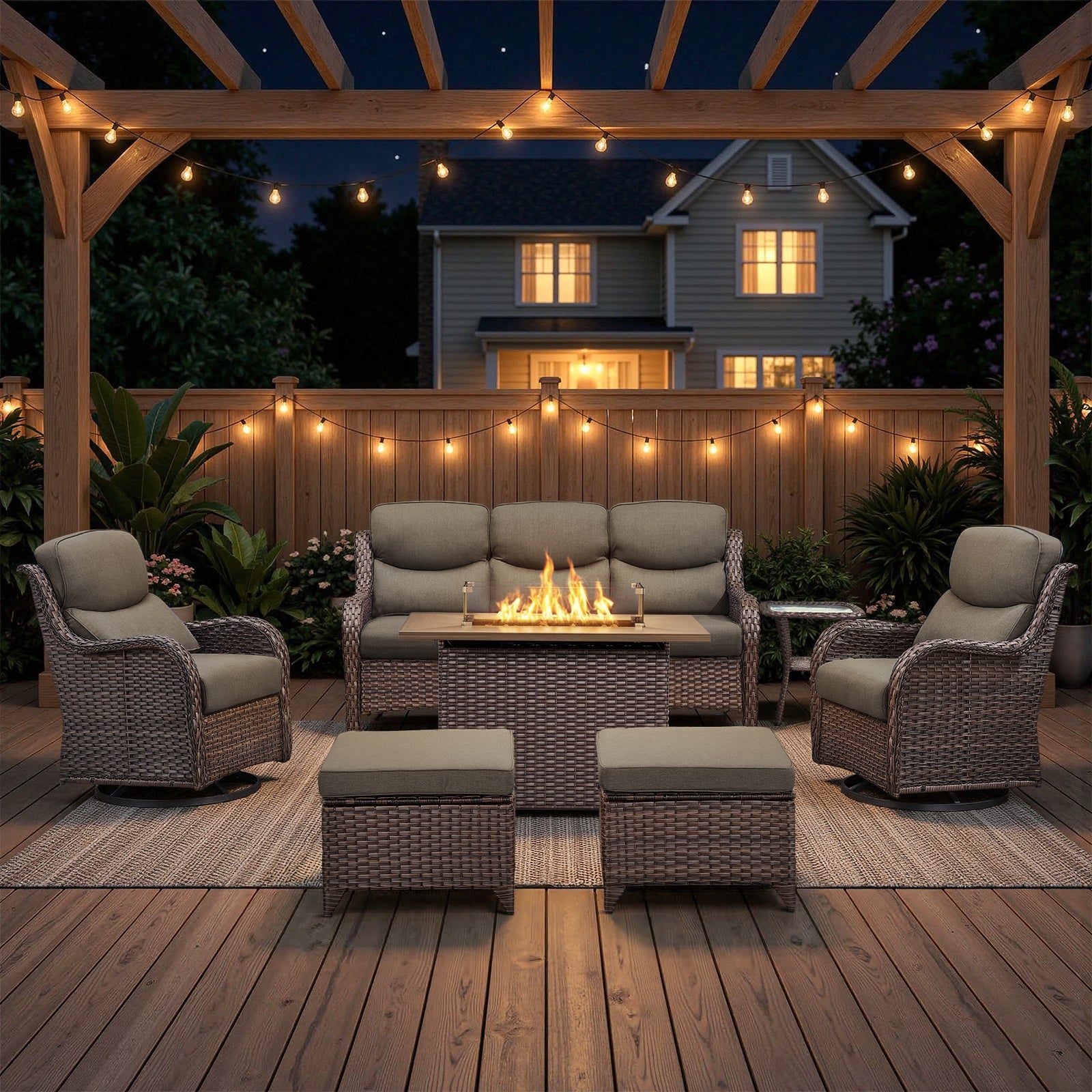 POCASSY 7-Piece Patio Furniture Set with Fire Pit Table, Luxury High Back Rattan Wicker Outdoor Conversation Set with 5-inch Thick Seat Cushion Sofa and Swivel Glider Patio Chair for Porch