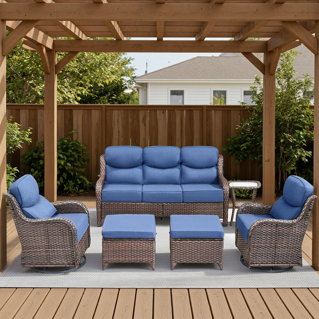 POCASSY 6-Piece Outdoor Patio Furniture Set, Brown Wicker Conversation Set with Sofa, 2 Swivel Rocking Chairs, 2 Ottomans and 6-Inch Extra Thick Blue Cushions
