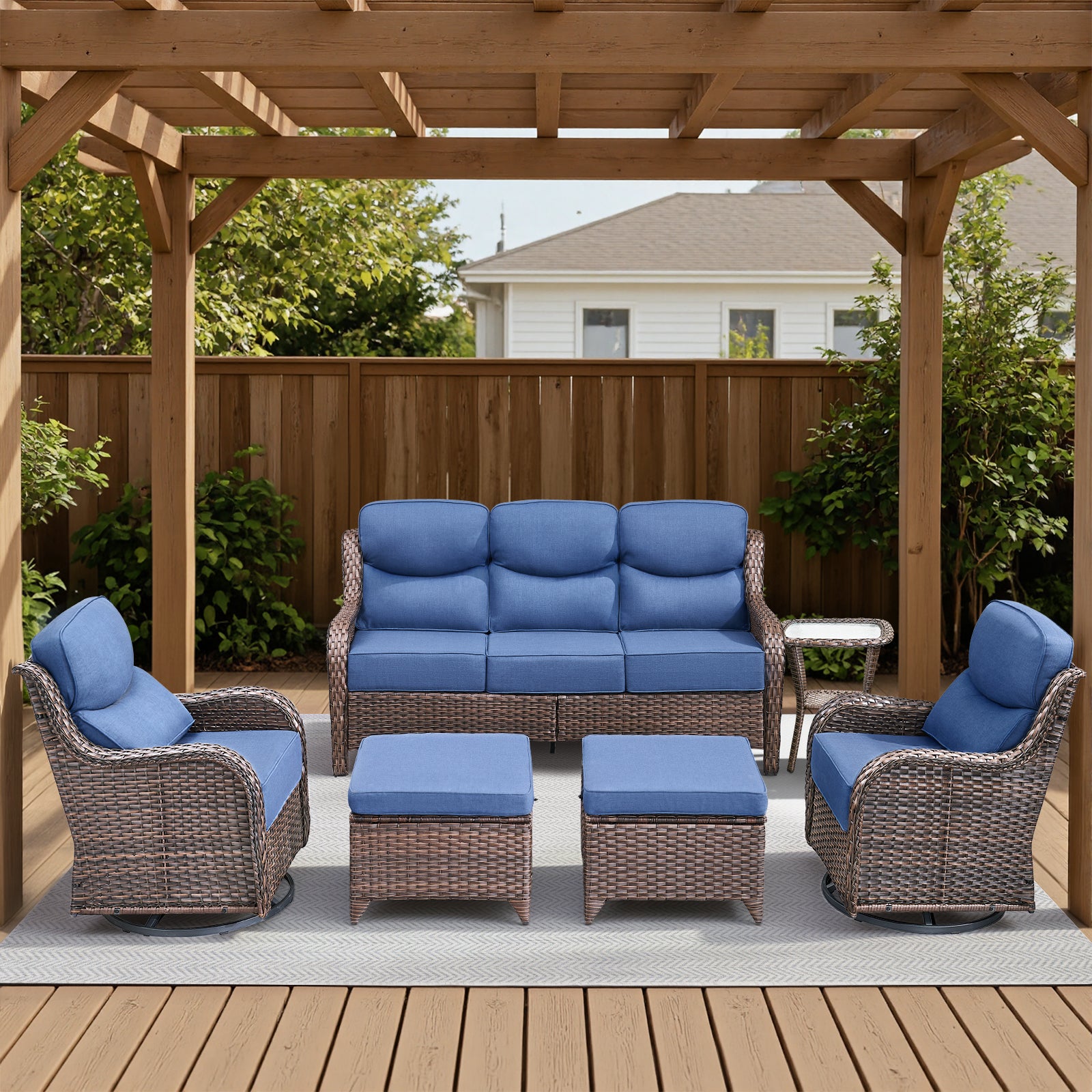 POCASSY 6-Piece Outdoor Patio Furniture Set, Brown Wicker Conversation Set with Sofa, 2 Swivel Rocking Chairs, 2 Ottomans and 6-Inch Extra Thick Blue Cushions