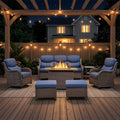 POCASSY 7-Piece Patio Furniture Set with Fire Pit Table, Luxury High Back Rattan Wicker Outdoor Conversation Set with 5-inch Thick Seat Cushion Sofa and Swivel Glider Patio Chair for Porch