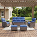 POCASSY 7-Piece Outdoor Patio Furniture Set with Swivel Chairs, Luxury High Back Rattan Wicker Outdoor Conversation Set with 5-inch Thick Seat Cushion Sofa and Swivel Glider Patio Chair for Porch