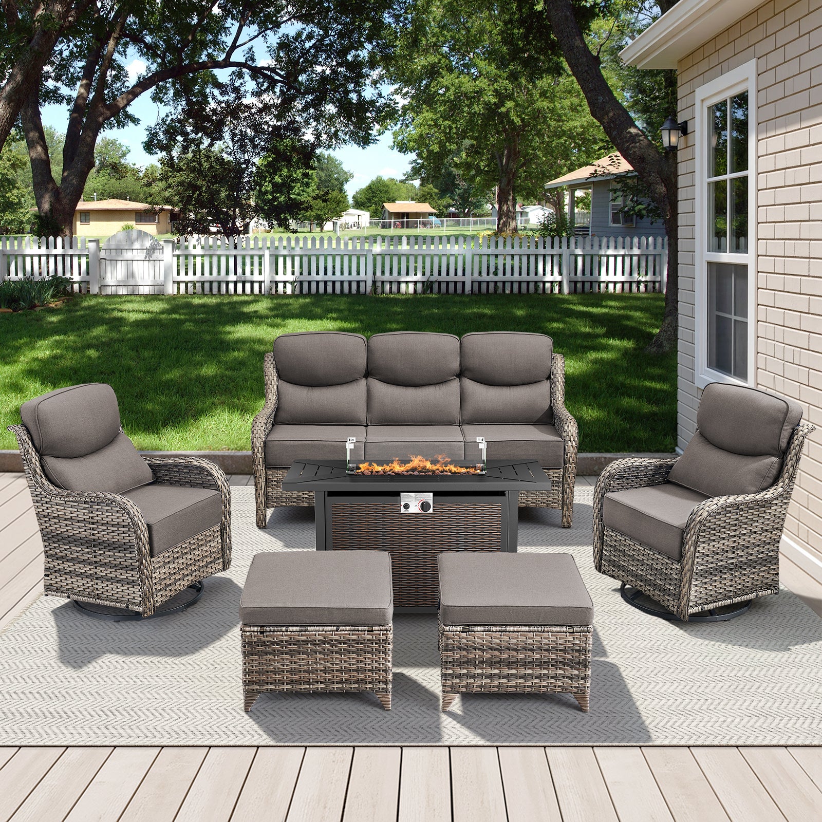 POCASSY All Weather Wicker Patio Furniture Set 6 Pieces, 6-INCH Extra Thick Cushion Outdoor Patio Firepit Set with Patio Sofa, Swivel Glider Chair, Ottoman, 43" Fire Pit Table