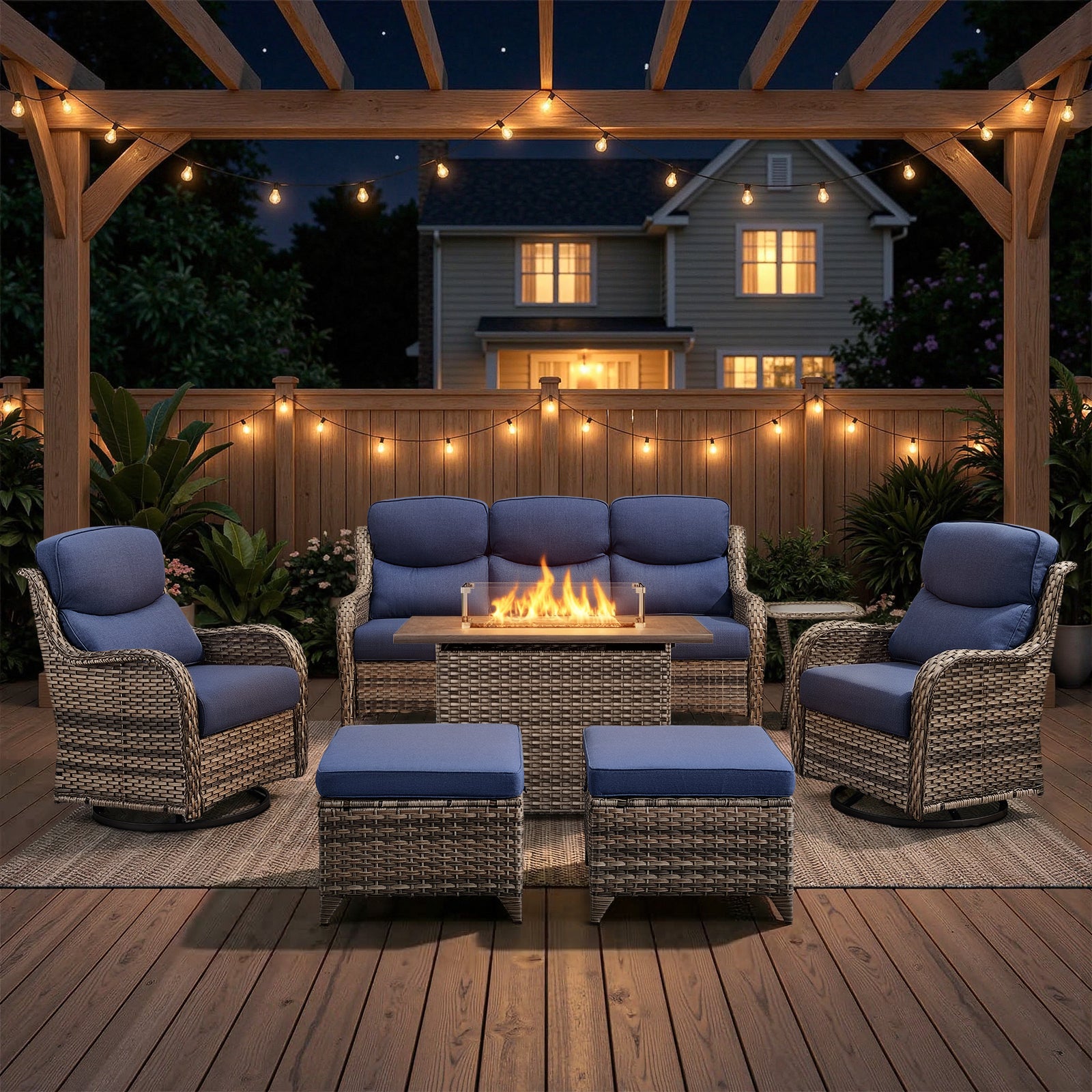 POCASSY 7-Piece Patio Furniture Set with Fire Pit Table, Luxury High Back Rattan Wicker Outdoor Conversation Set with 5-inch Thick Seat Cushion Sofa and Swivel Glider Patio Chair for Porch