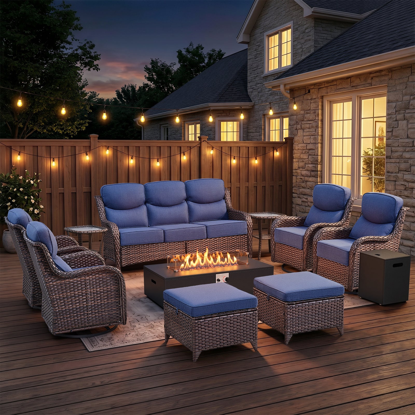 POCASSY Patio Furniture Set, 6" Thick Cushion 10-Piece High Back Outdoor Patio Furniture Set with Fire Pit, Brown Wicker Patio Sofa and Swivel Patio Chair, Rattan Wicker Sectional Conversation Set