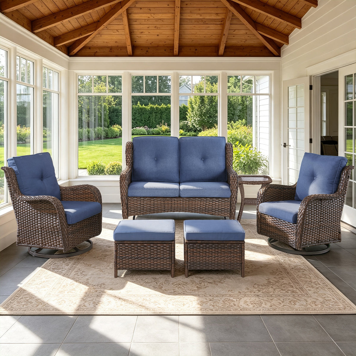 POCASSY 6PCS Patio Furniture Sets, All-Weather Wicker Outdoor Patio Furniture Set with Glider Loveseat, Swivel Glider Patio Chairs, Ottomans and Side Table