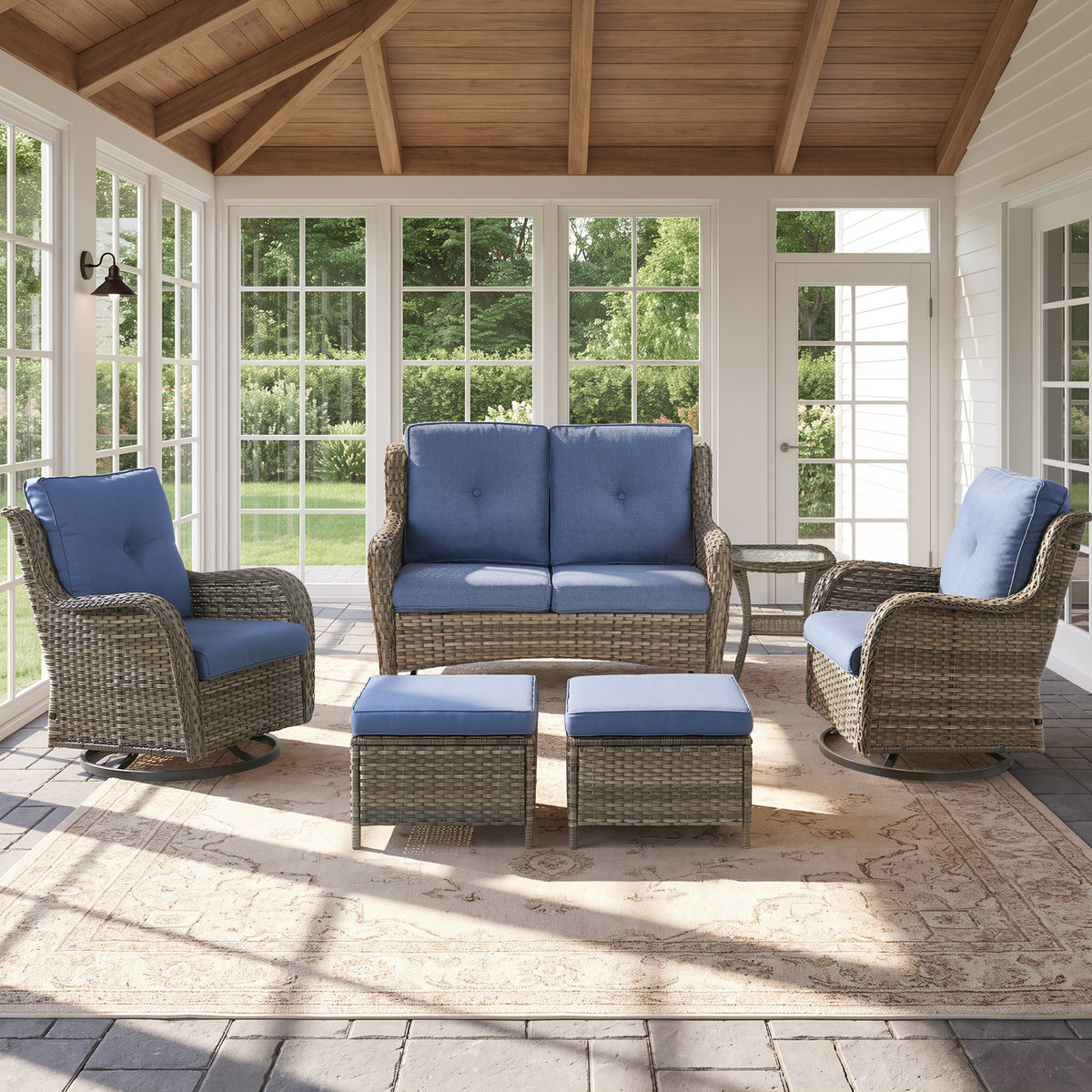 POCASSY 6PCS Patio Furniture Sets, All-Weather Wicker Outdoor Patio Furniture Set with Glider Loveseat, Swivel Glider Patio Chairs, Ottomans and Side Table