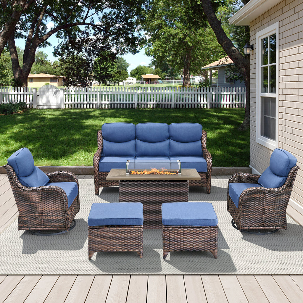 POCASSY All Weather Wicker Patio Furniture Set 6 Pieces, 6-INCH Extra Thick Cushion Outdoor Patio Firepit Set with Patio Sofa, Swivel Glider Chair, Ottoman, 41" Fire Pit Table