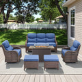 POCASSY All Weather Wicker Patio Furniture Set 6 Pieces, 6-INCH Extra Thick Cushion Outdoor Patio Firepit Set with Patio Sofa, Swivel Glider Chair, Ottoman, 41" Fire Pit Table