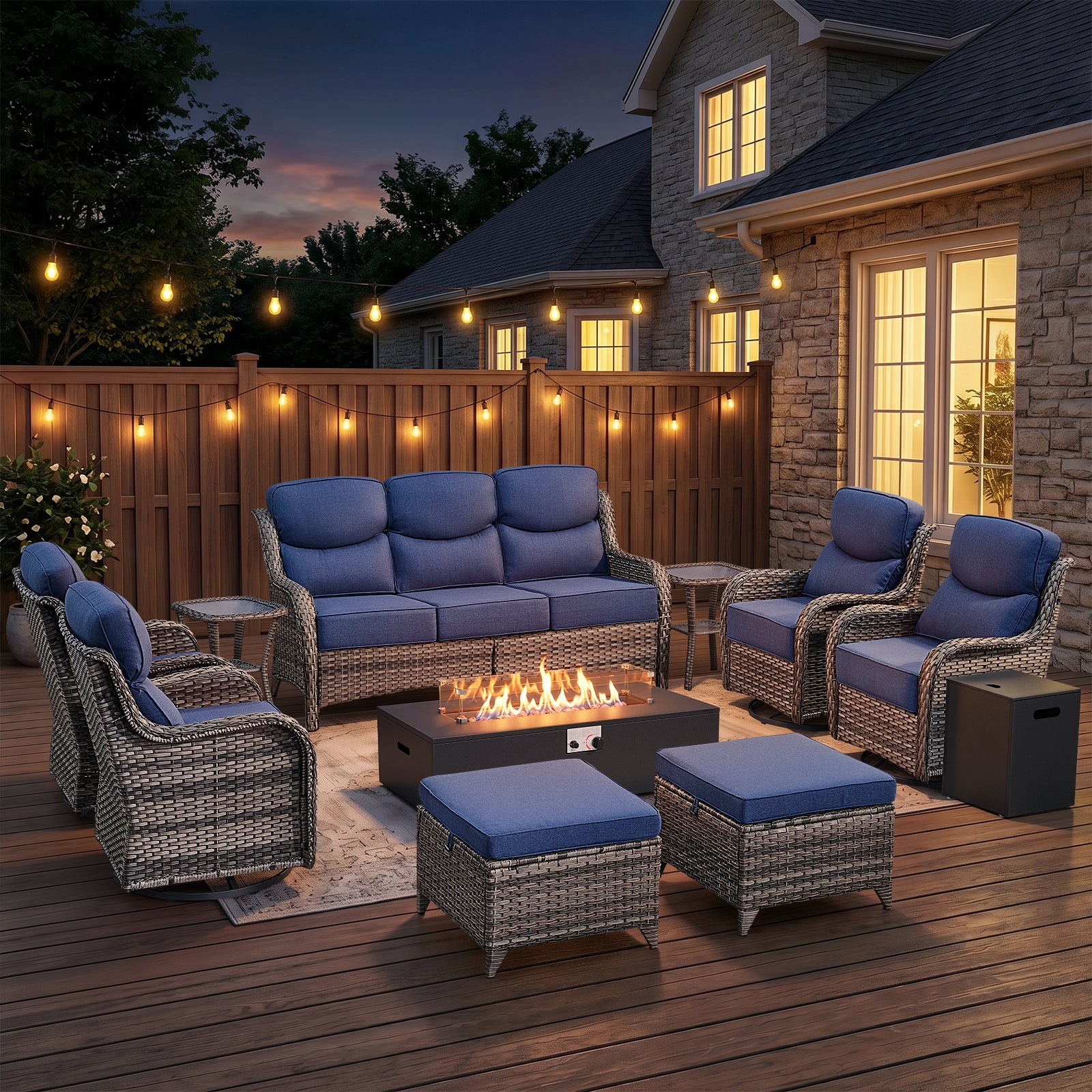 POCASSY Patio Furniture Set, 6" Thick Cushion 10-Piece High Back Outdoor Patio Furniture Set with Fire Pit, Brown Wicker Patio Sofa and Swivel Patio Chair, Rattan Wicker Sectional Conversation Set