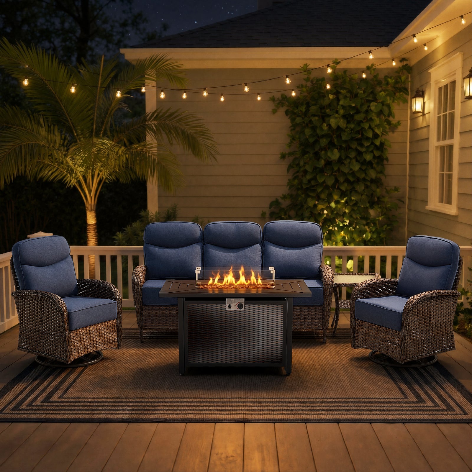 POCASSY All Weather Brown Wicker Outdoor Furniture Set with Firepit, 5-Piece Patio Sofa Set with 6-inch Thick Cushion and 2PCS Swivel Patio Glider Chairs Ideal for Porch Balcony