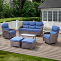 POCASSY Outdoor Patio Furniture Set, 6 Pieces High Back Patio Furniture Set with 6-inch Thick Cushions, Luxury Brown Wicker Patio Sofa Set with Patio Swivel Glider Chairs, Ottomans, Coffee Table